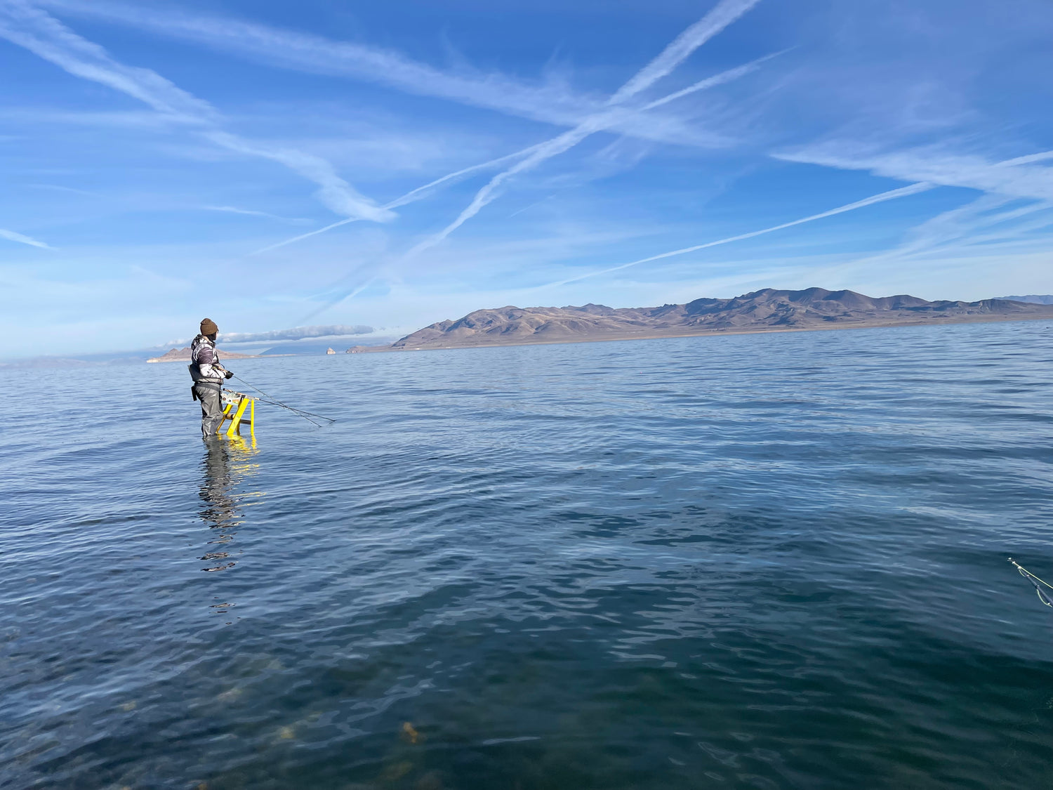 guy fly fishing from a ladder during a sunny day at pyramid lake nevada